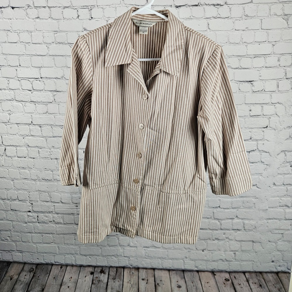 Allison Daley Brown White Striped Button Front Shirt 3/4 Sleeve Cotton Size 10